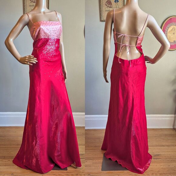 Vintage Y2K Morgan and Co Maxi Dress Prom Gown Red Sequin Strappy Plus Size 17 - Picture 1 of 16